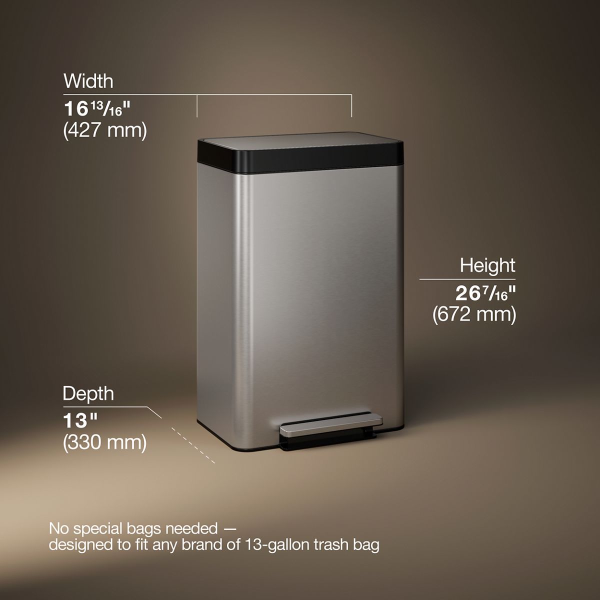 KOHLER K-20940 13-gallon stainless steel step trash can